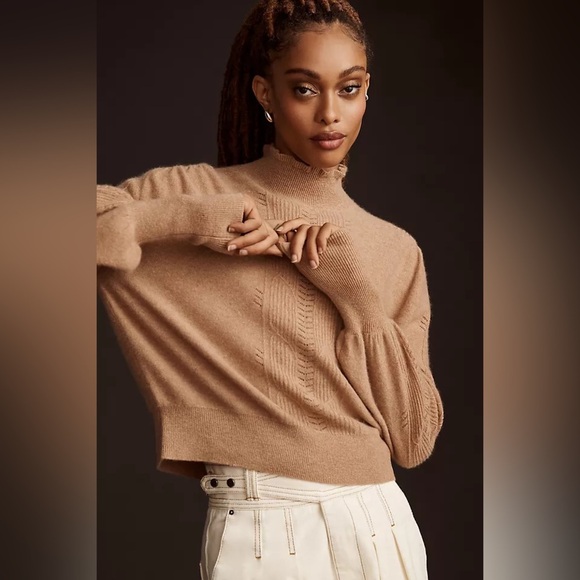 Anthropologie Sweaters - Small Anthropologie cashmere ruffle sweater mock neck cable knit honey tan
